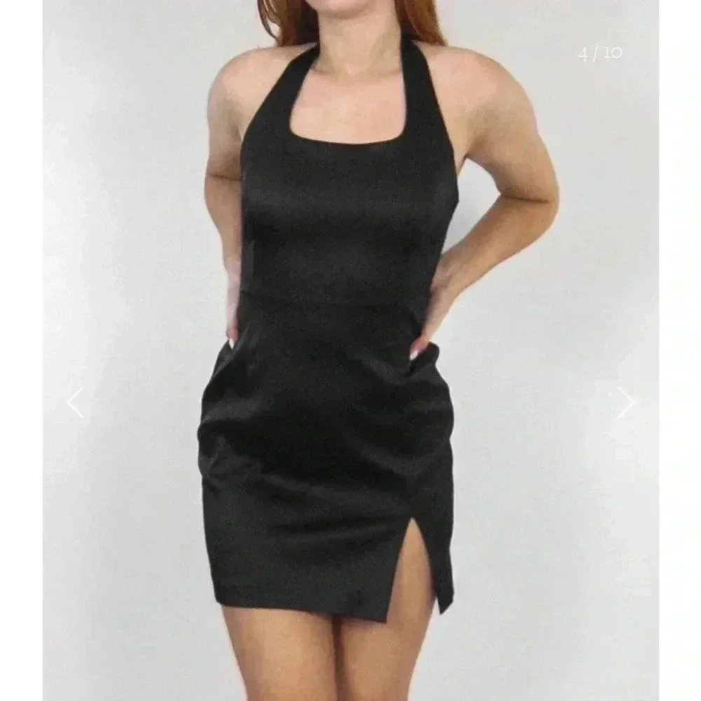 CACHÉ Black Satin Halter Mini Dress